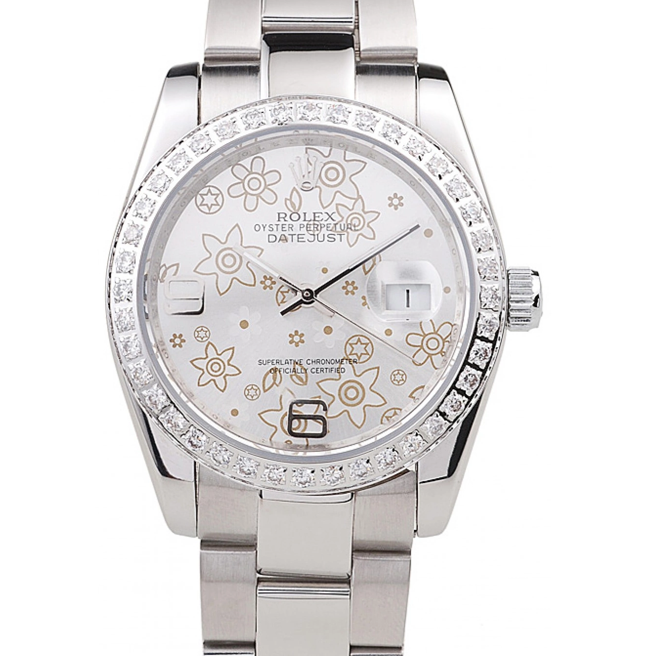 Plated Rolex Datejust 98081 Polished Diamond Dial Silver Flowers Steel Stainless 0716